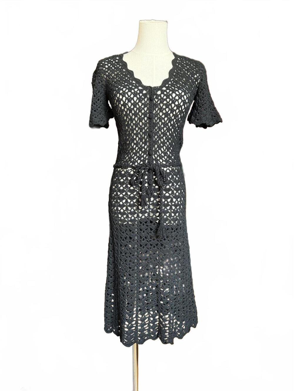 Chic Black Crochet Knit Dress with Tie Waist